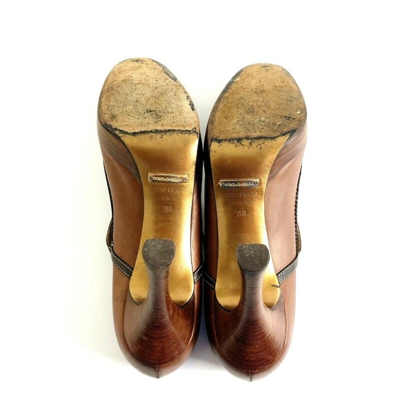 Dolce Gabbana 38 Two Tone Brown Leather Heels Wood - Picture 7 of 8